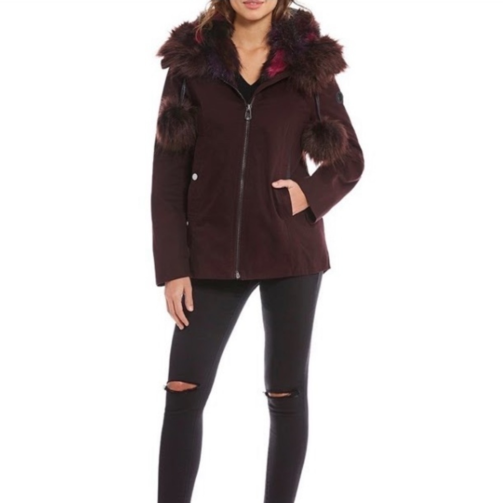 - Gianni Bini Burgundy Anorak Faux Fur Hood w/ Detachable Fur - Picture 1 of 15